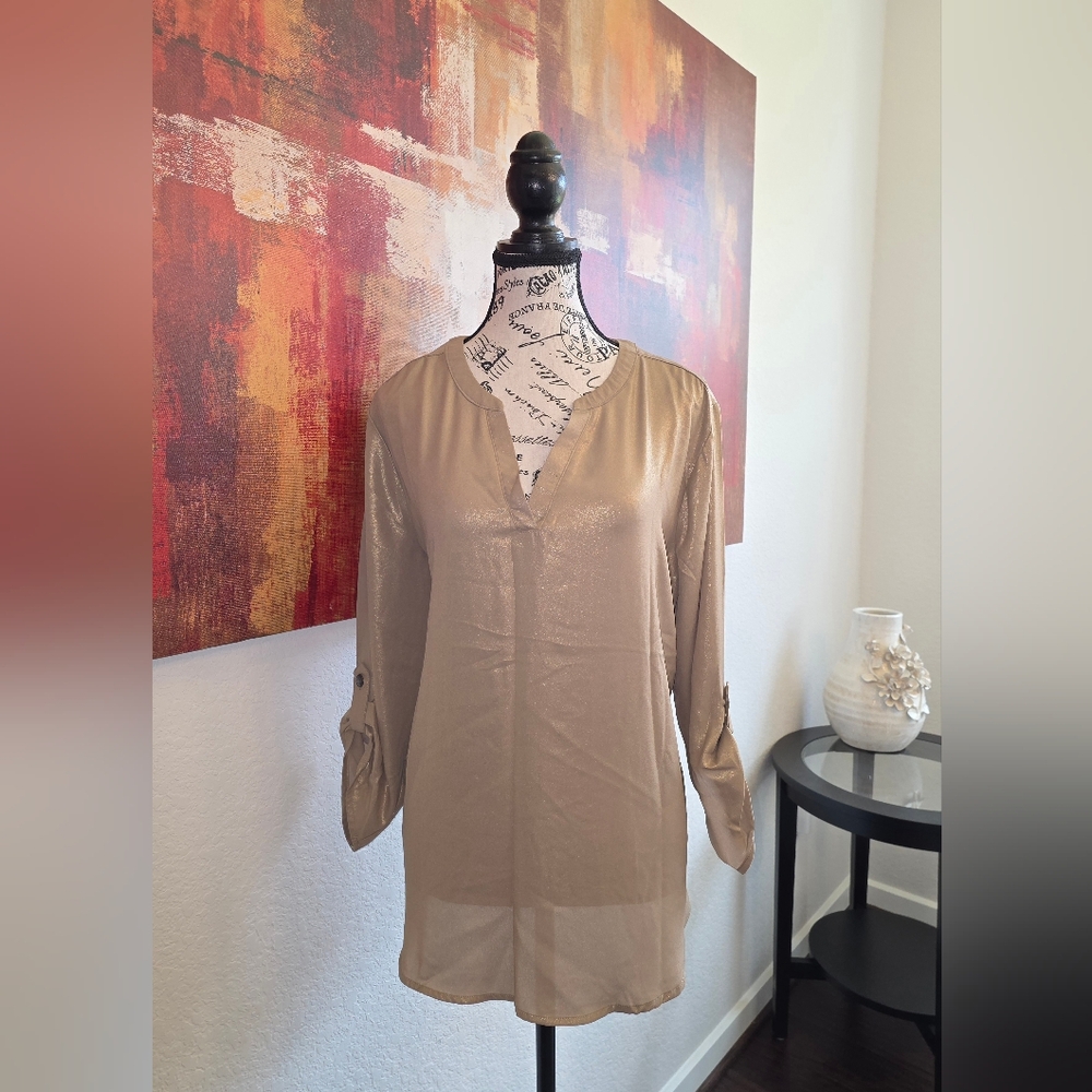 Maurices Atwood Gold Shimmer 3/4 Sleeve Popover Blouse XL - Picture 2 of 9